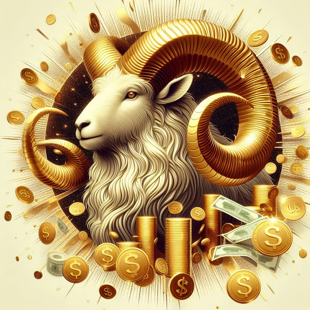 a goat with a lot of gold coins around it