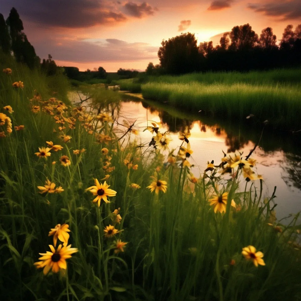 a field of yellow flowers next to a river