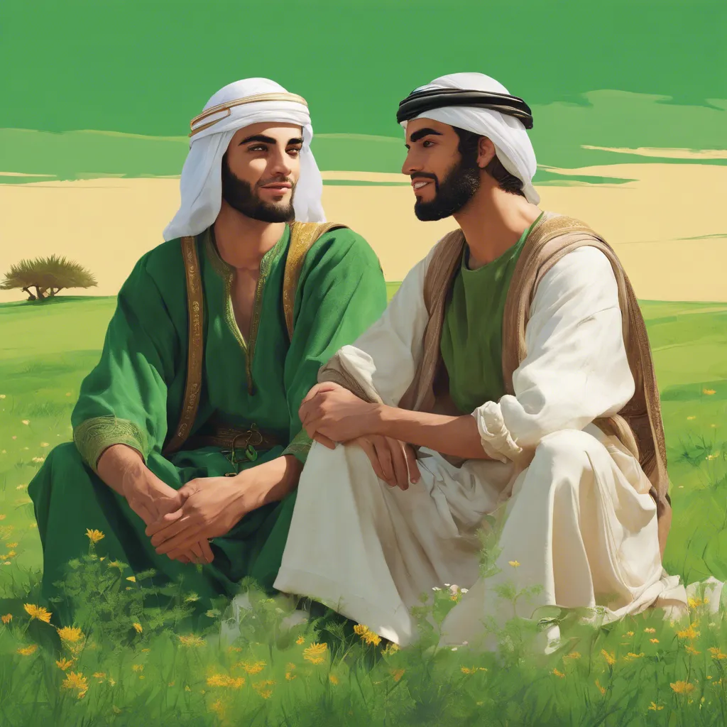 a painting of two men sitting in a field