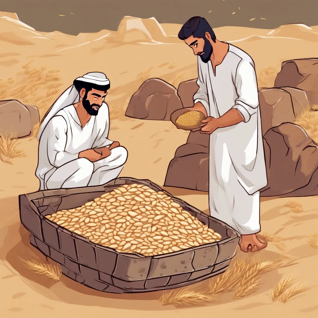 two men in the desert with a basket of wheat grains