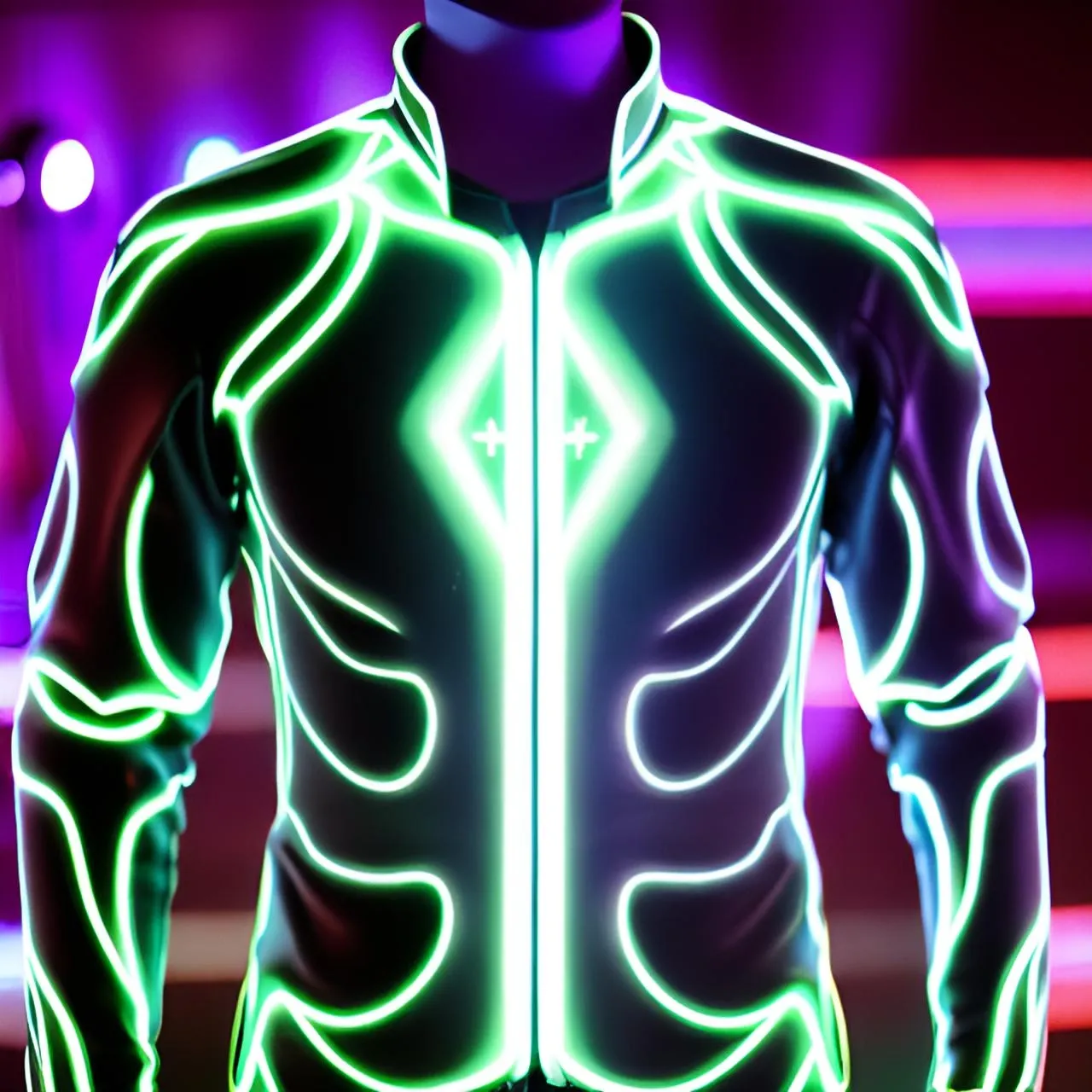 a mannequin wearing a neon jacket in a dark room