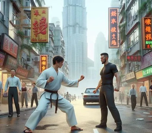 two men in karate attire standing on a city street