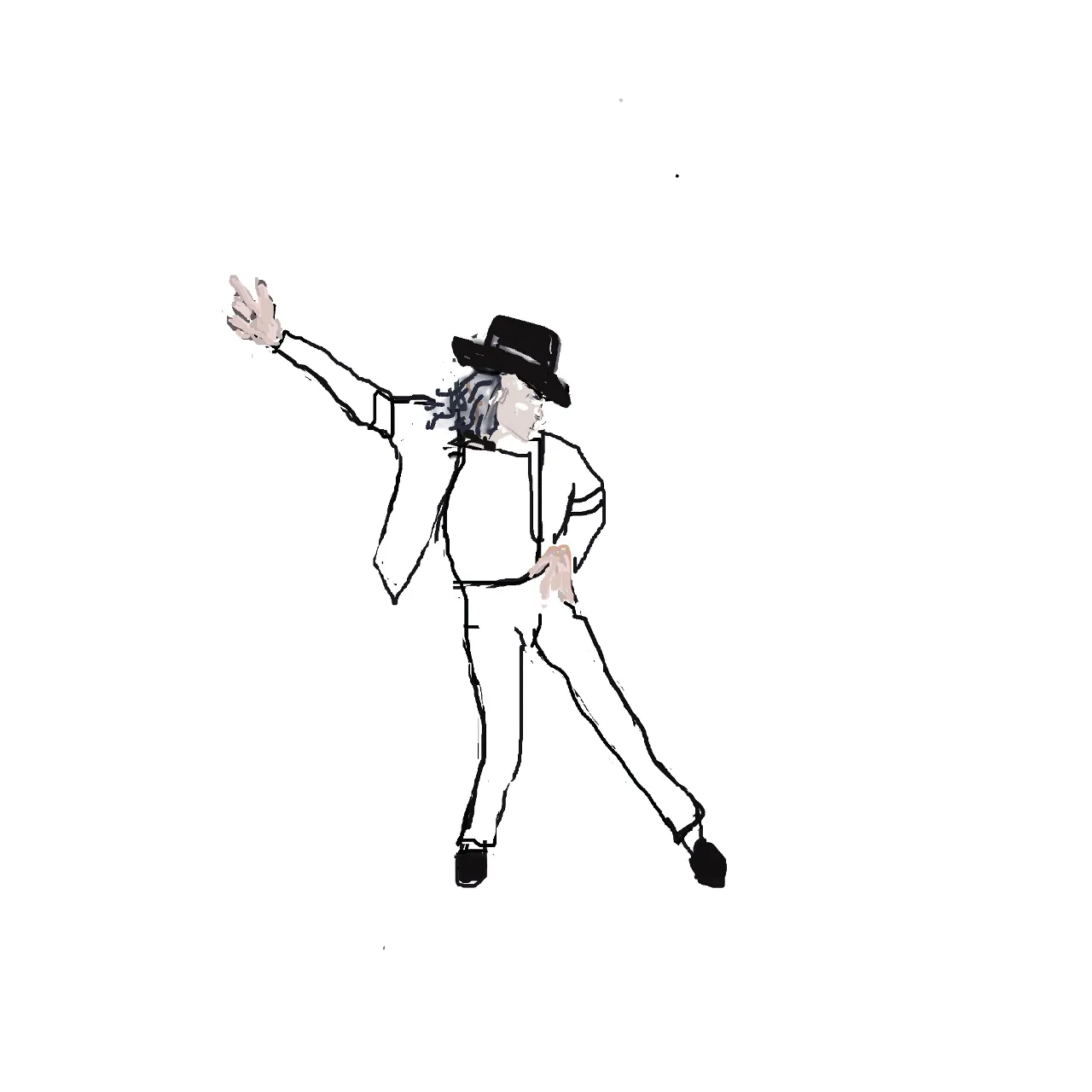 a drawing of a man in a suit and hat, he is dancing moonwalk like michael jackson