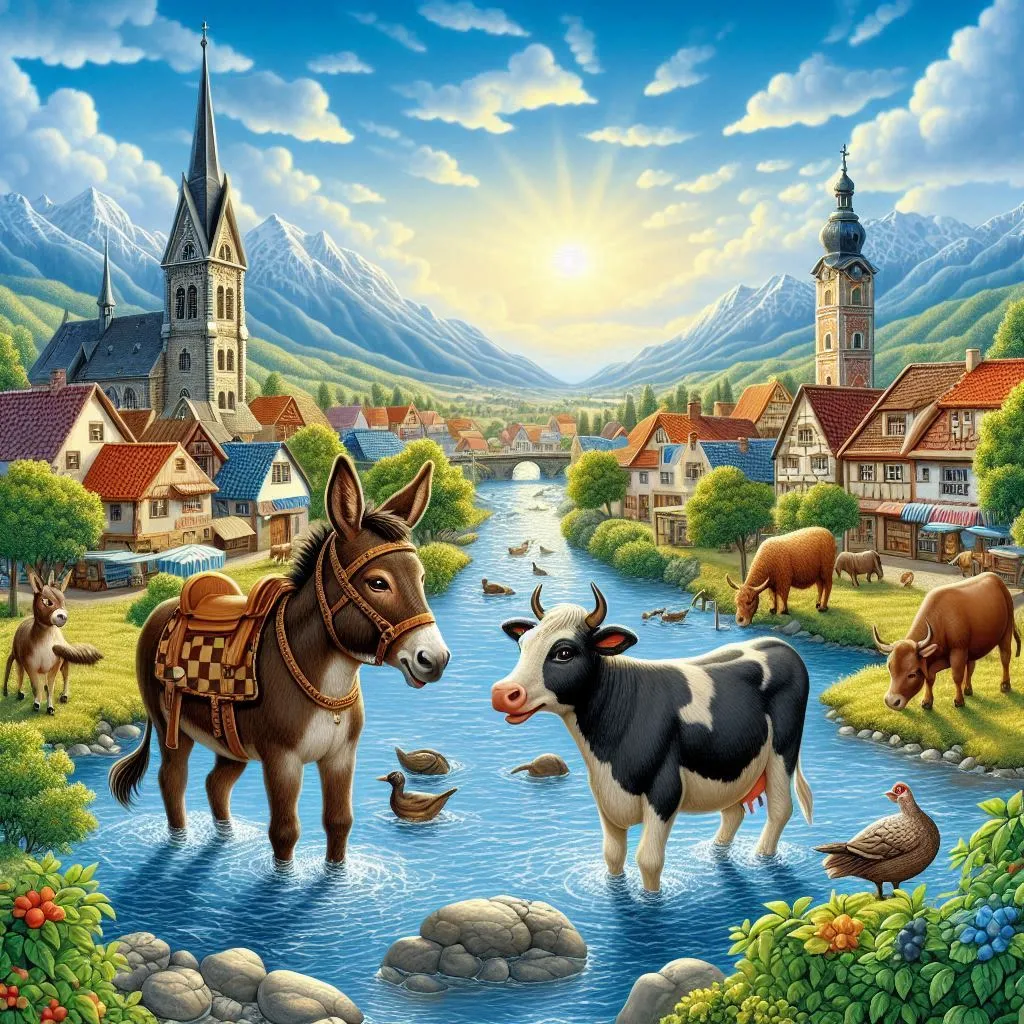 a painting of a cow and a cow standing in a river