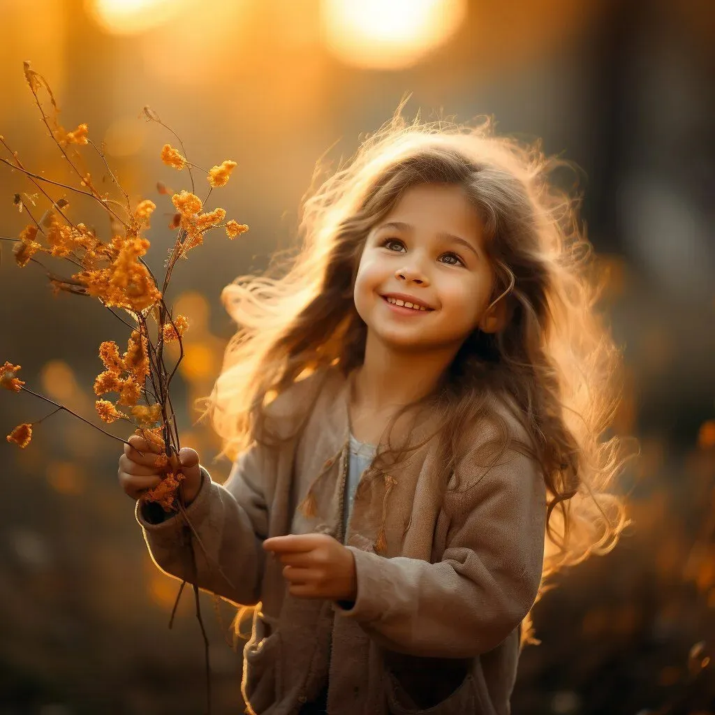 a little girl with a bouquet of flowers in her hands, the breeze stirs her gorgeous hair