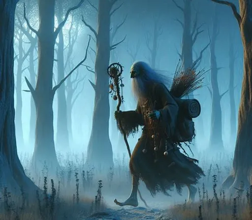 a painting of a person walking through a forest