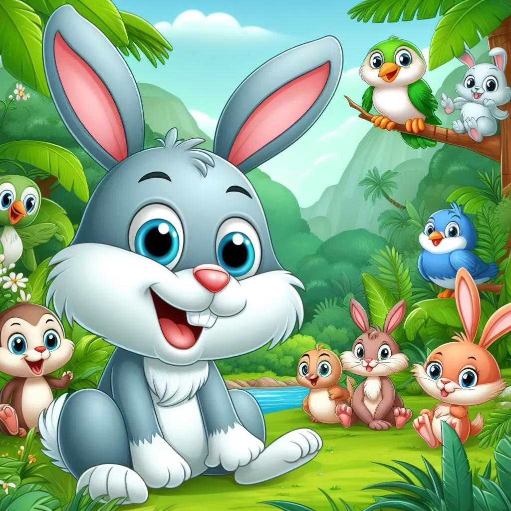 a cartoon rabbit talking surrounded by other animals