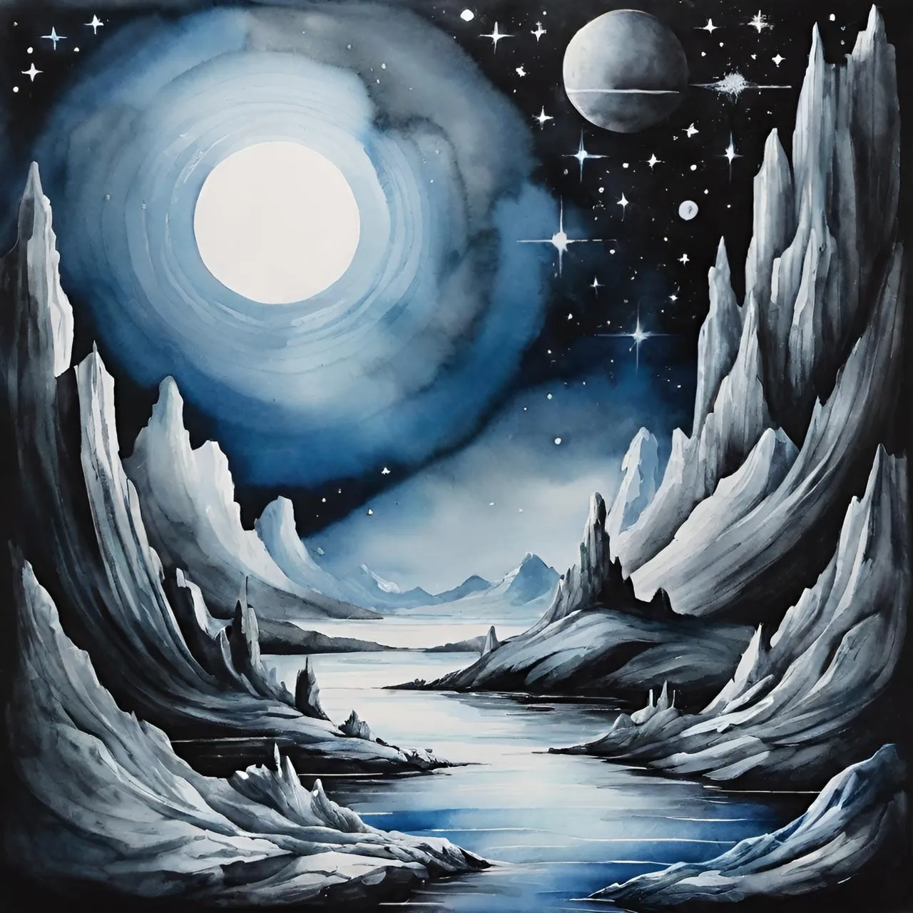 a painting of a night sky with stars and moon