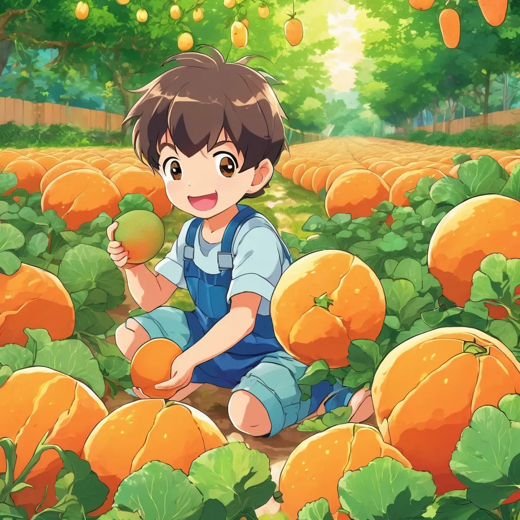 a boy sitting in a field of cantaloupe