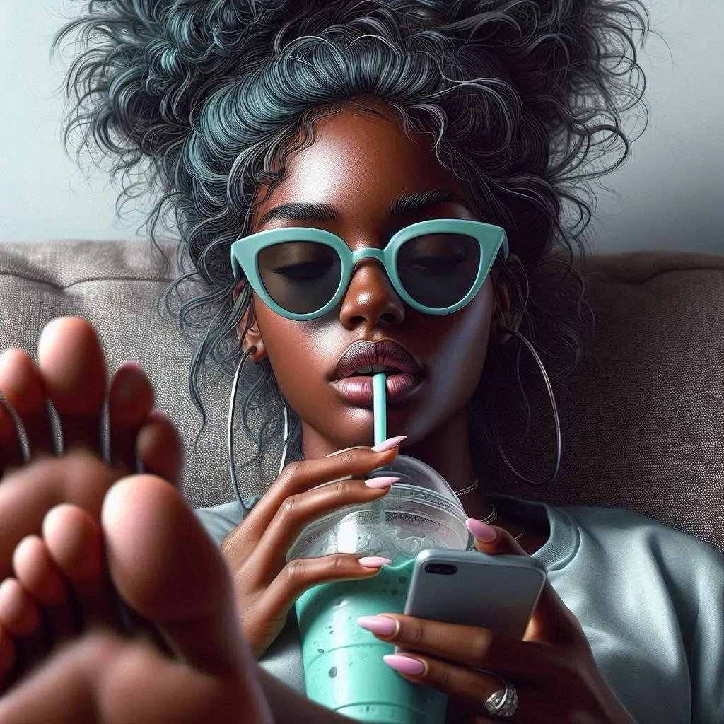 the girl moves her fingers and nods her head. smiles at her phone while sipping a drink, looking completely
unbothered with their feet up she wiggles her toes, scrolling through their phone. sitting on a sofa... make is stylish and very detailed teal, pink, advertising style