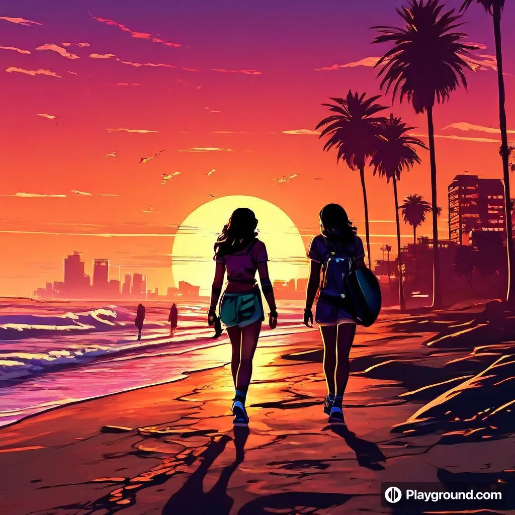 a couple of women walking down a beach next to the ocean