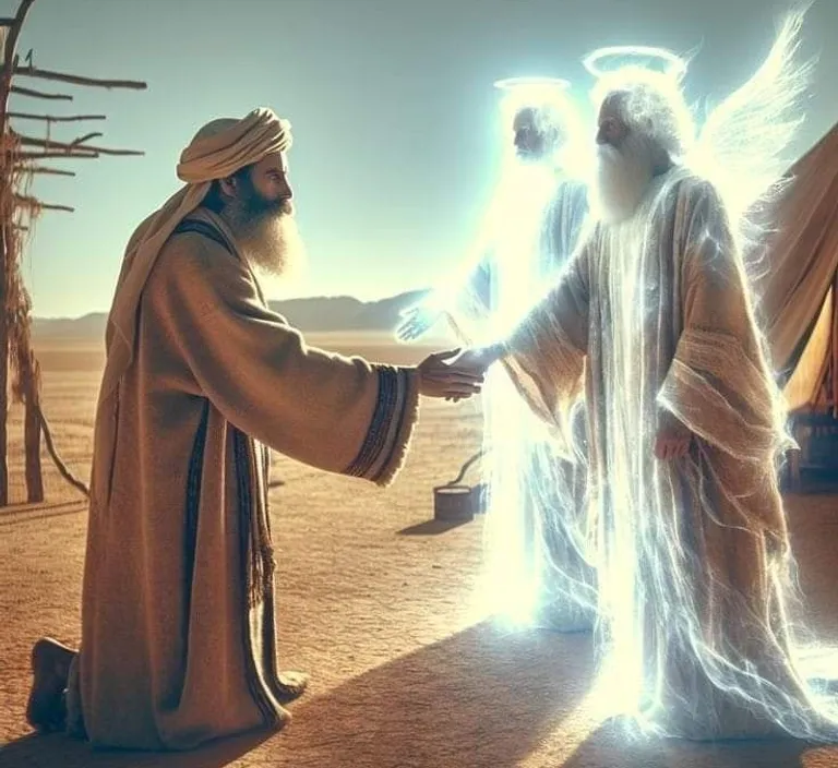 a painting of two men shaking hands with angels of light in the desert