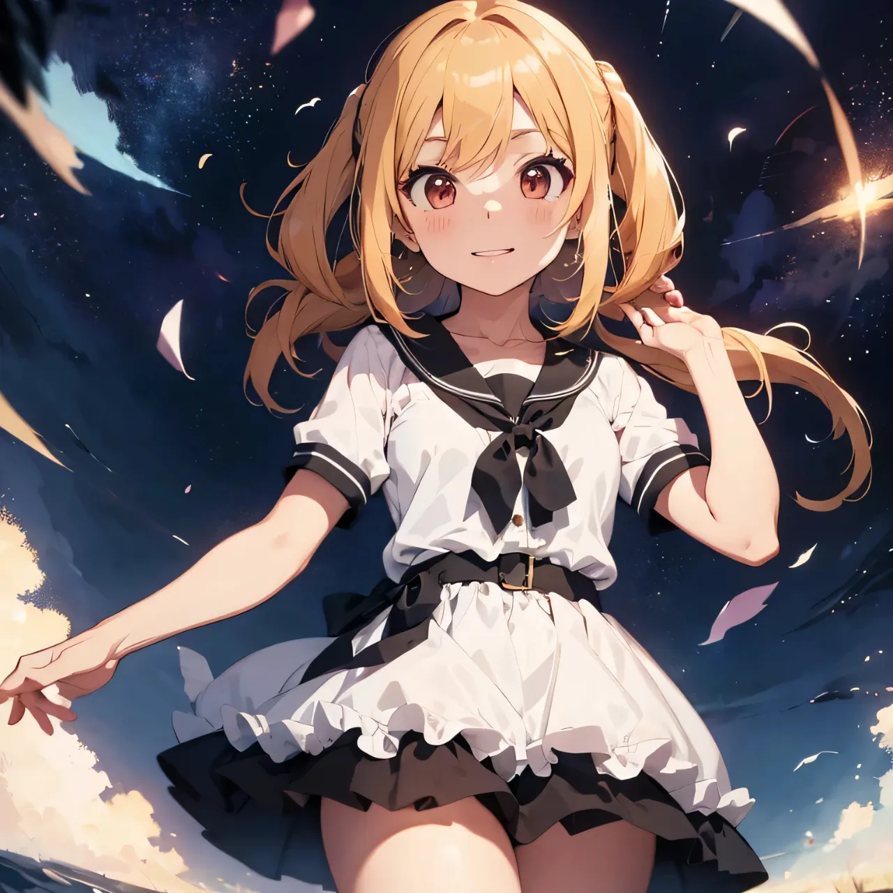 a girl in a short dress standing in front of a dark sky