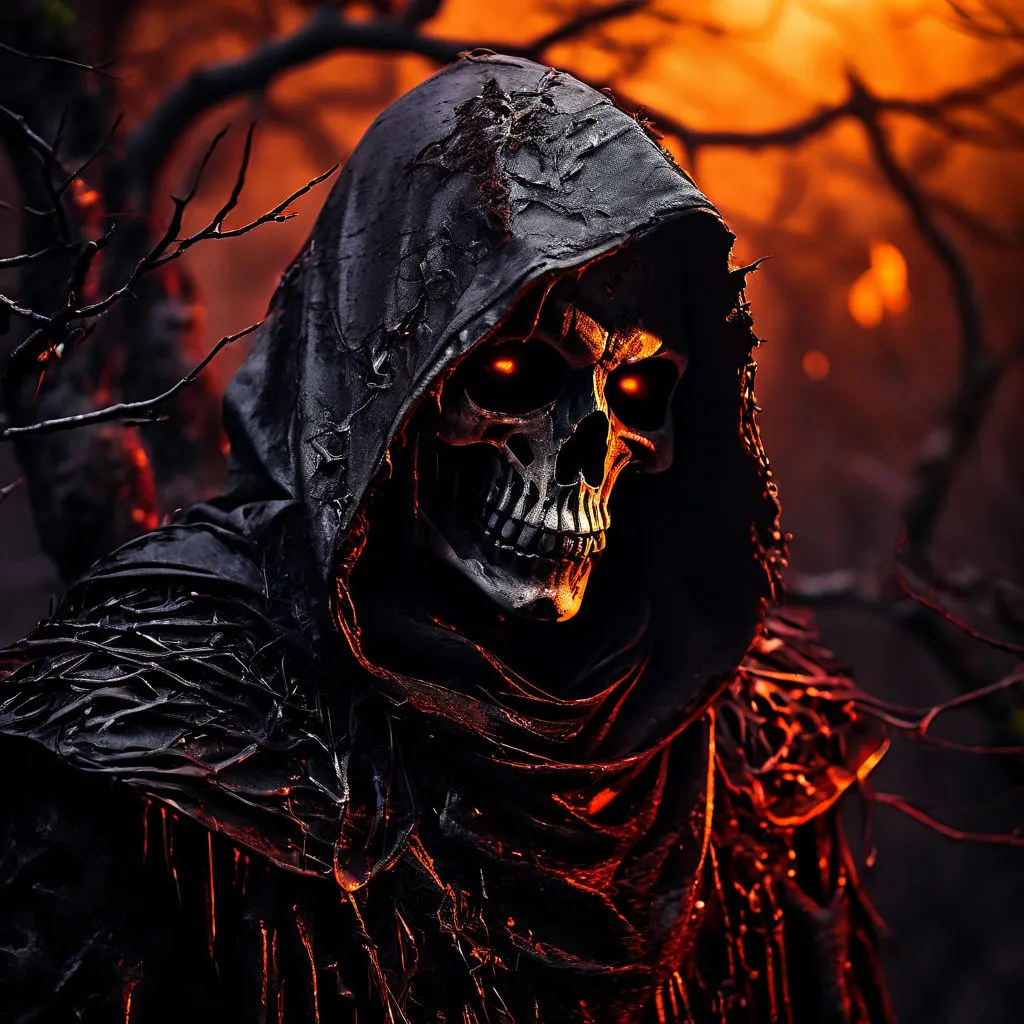 a skeleton wearing a black hooded jacket and glowing eyes