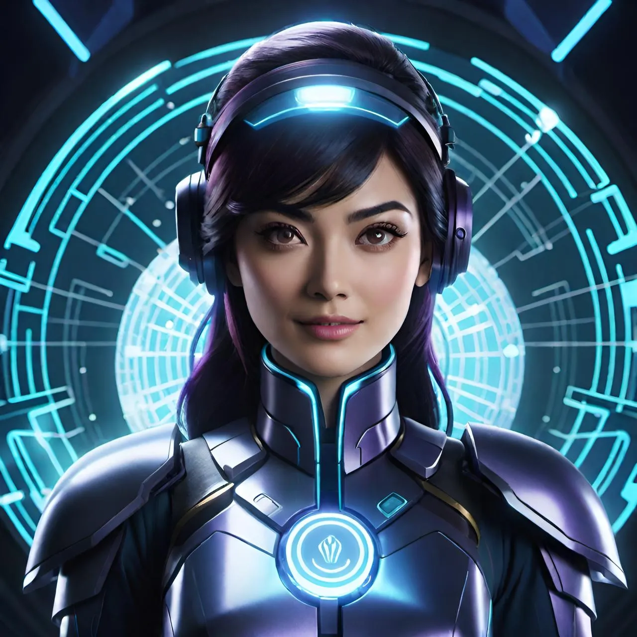 a woman in a futuristic suit with headphones