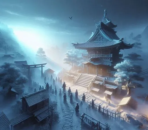 a painting of a chinese village in the snow