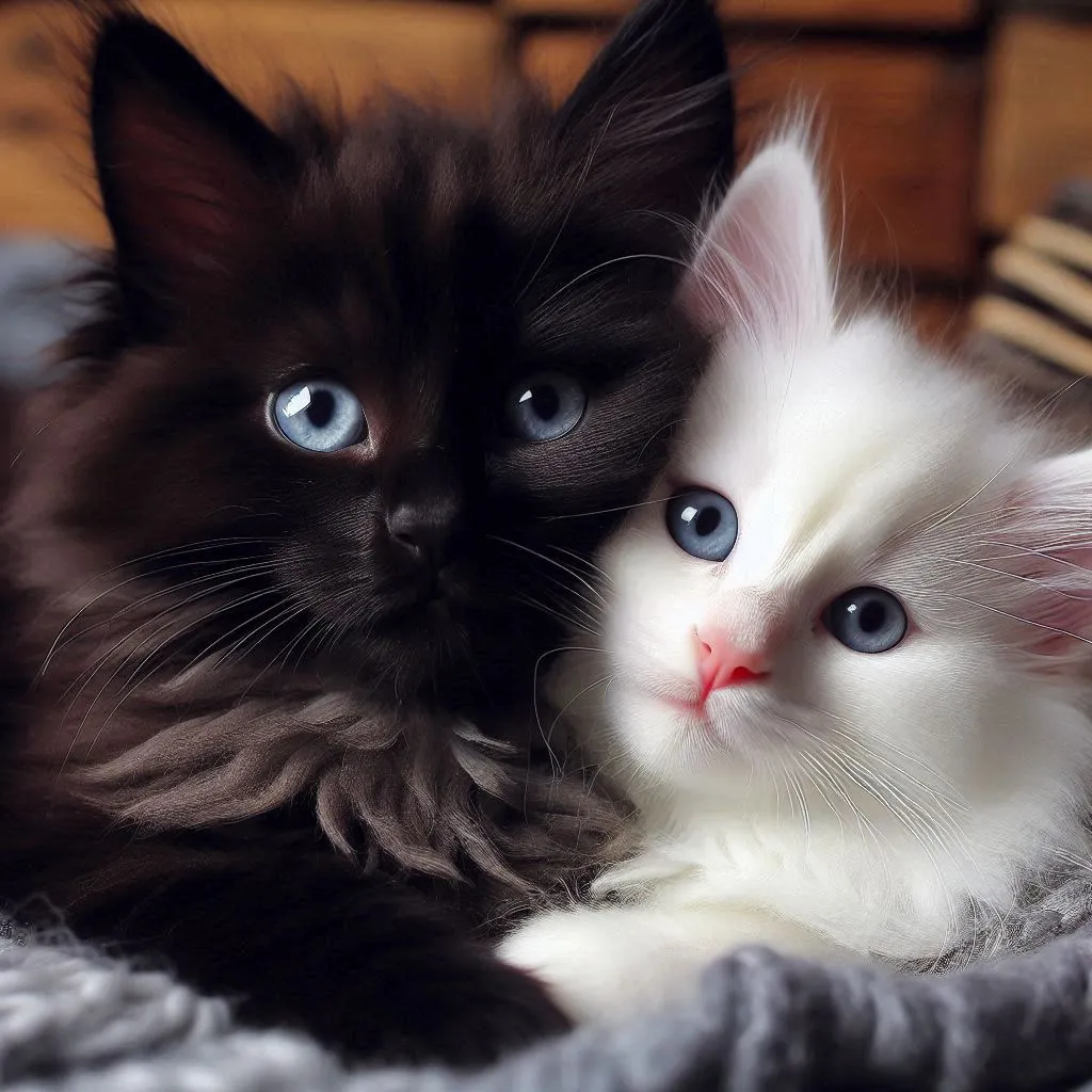 two black and white kittens laying on a blanket