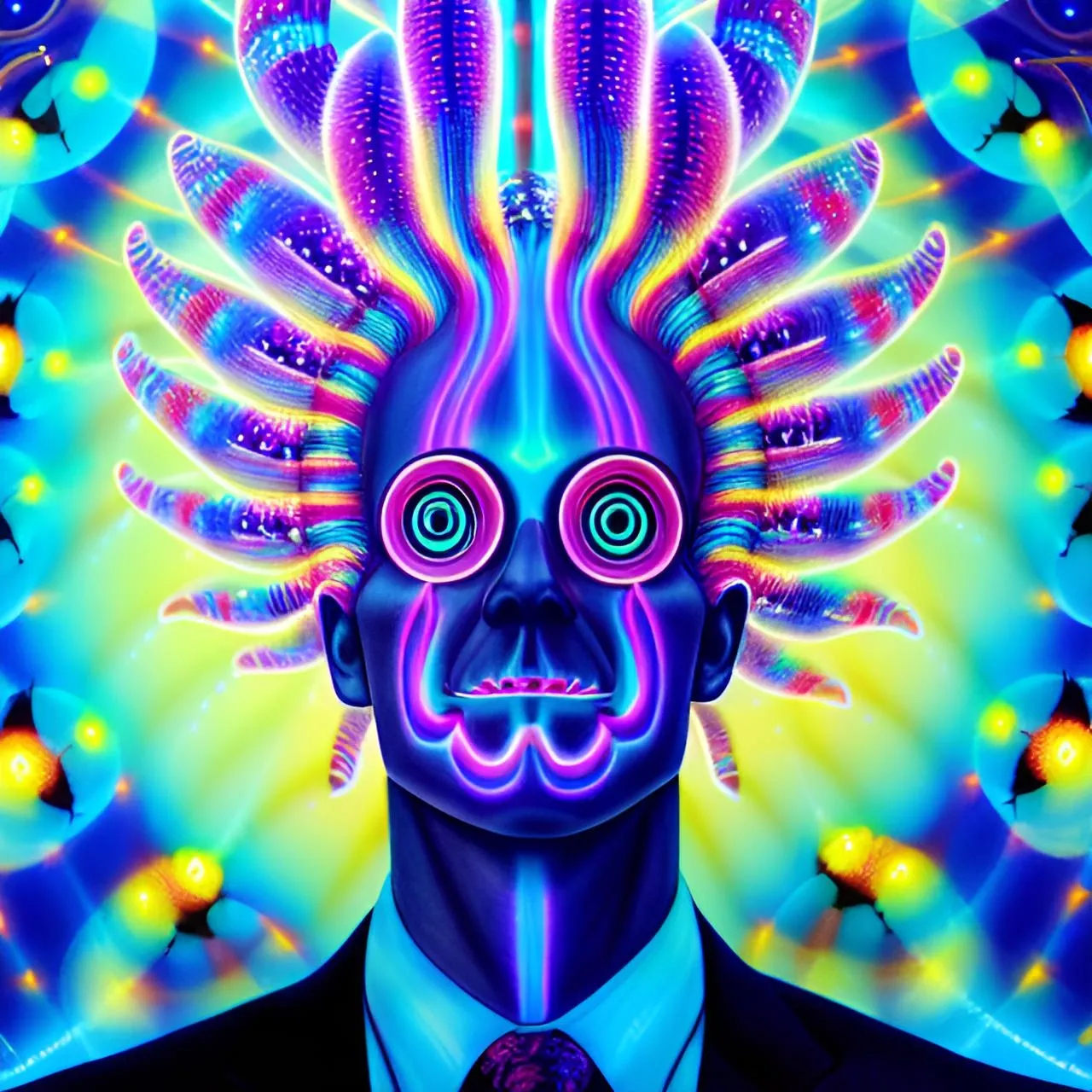 a man in a suit and tie with neon art on his face