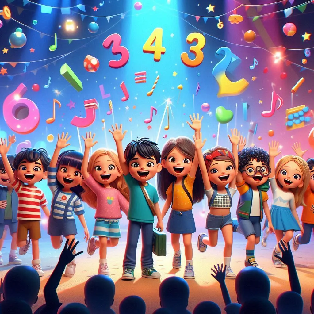 Visual: The kids wave goodbye to the camera, with a colorful, animated backdrop of numbers and musical notes.Action: The children shout "Hooray!" together, throwing their hands in the air.