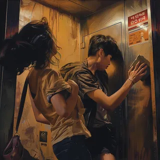 a painting of two people entering a elevator