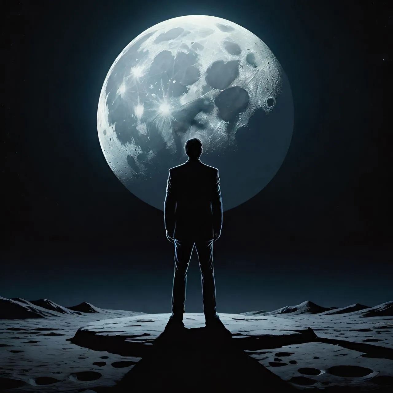 a man standing in front of a full moon