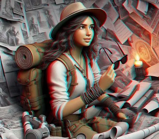 a woman in a hat sitting on a pile of books