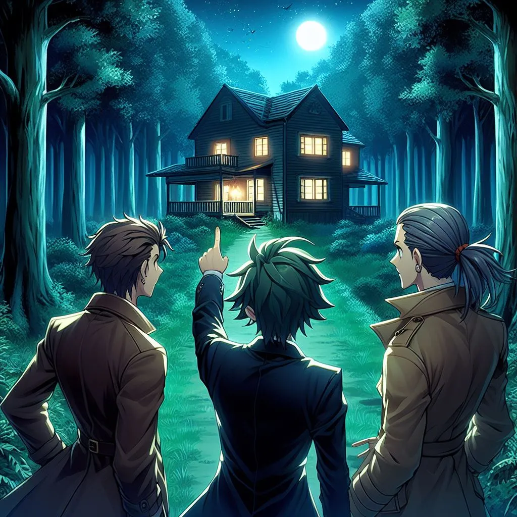 There is a house in the middle of the forest and three 3 youngsters man are looking at it pointing towards the hunted tample, night time anime