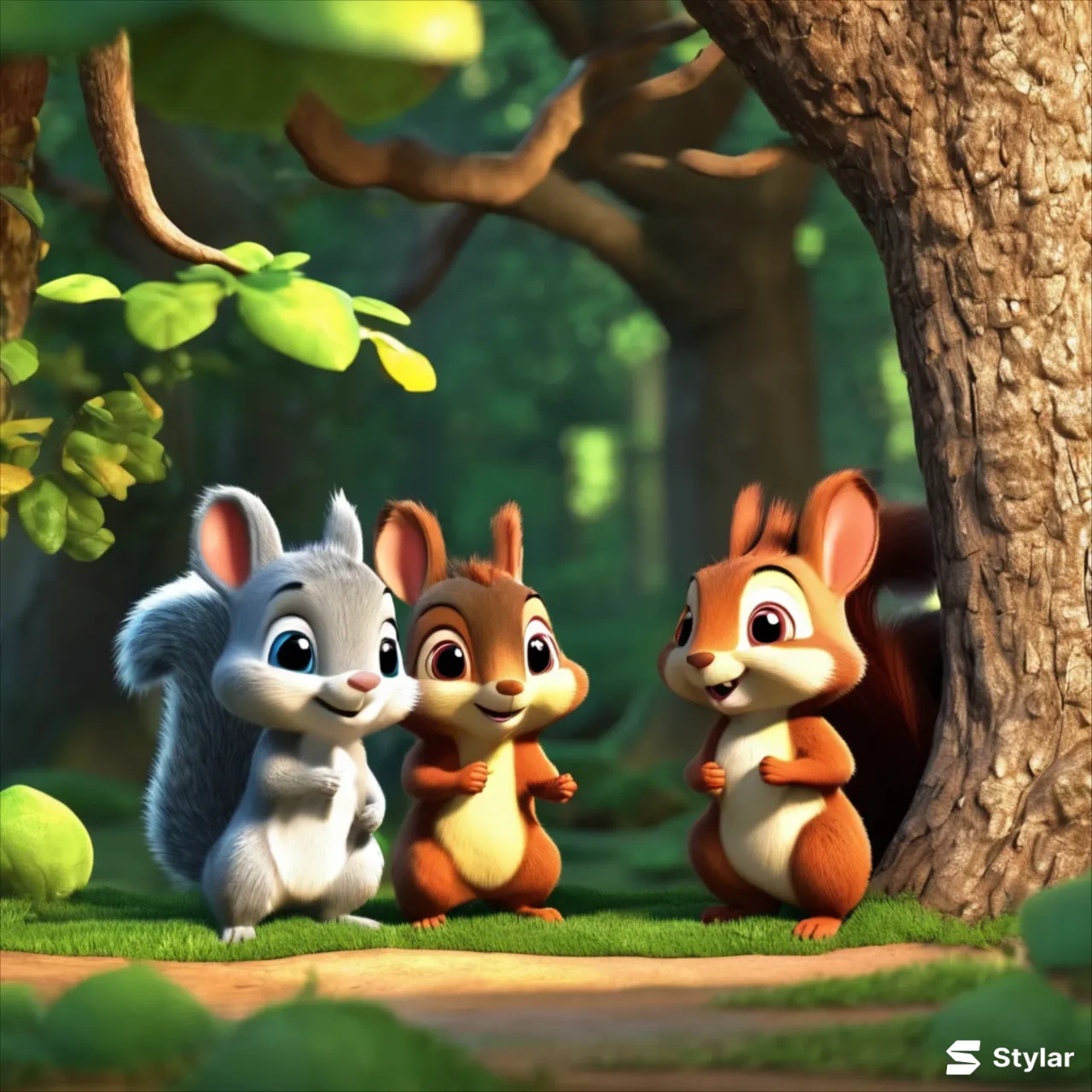 a group of cartoon animals standing next to a tree