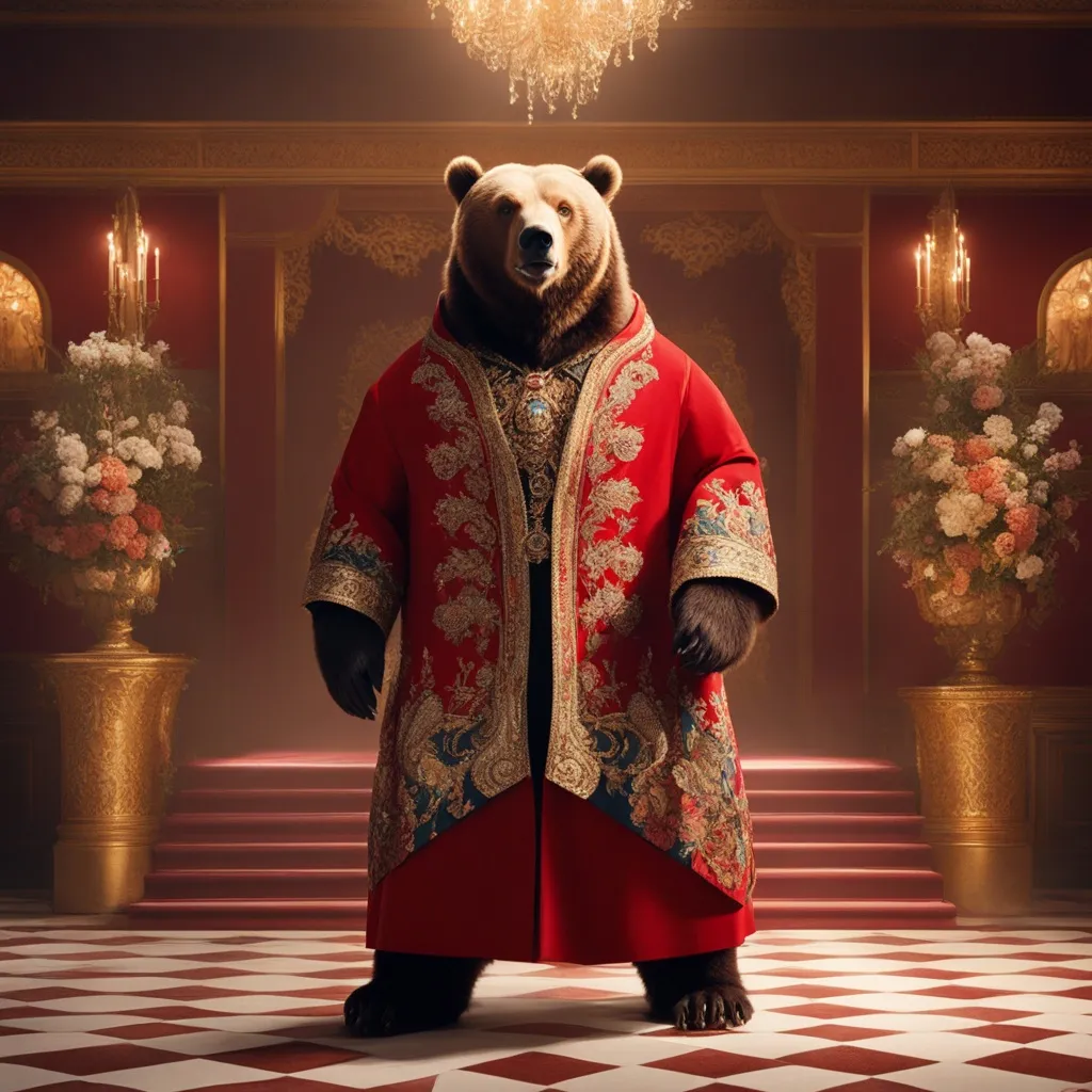 bear walking in royal cloths, advertising style