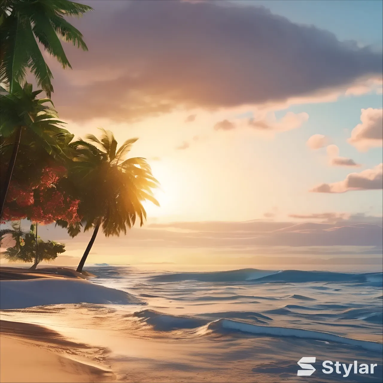 a tropical beach with palm trees and the sun setting