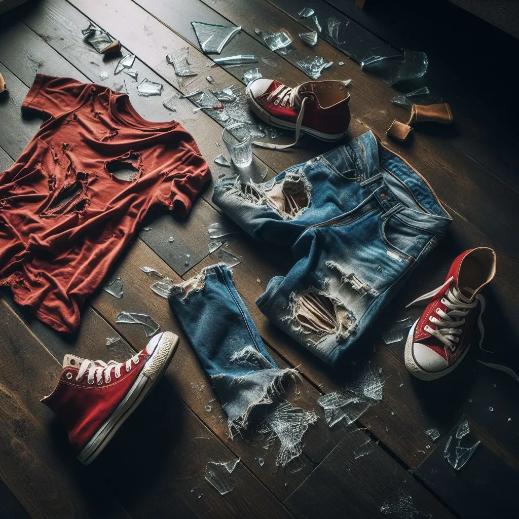 a pair of red ripped up converses, broken glass, and a pair of blue ripped jeans SCATTERED on a wooden floor