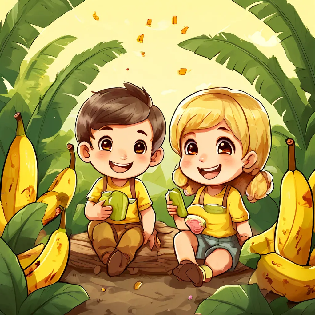 a boy and a girl sitting on a log in the jungle