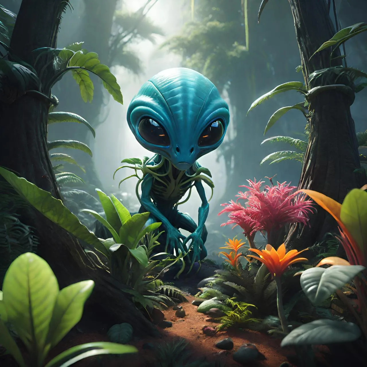 a blue alien standing in the middle of a forest