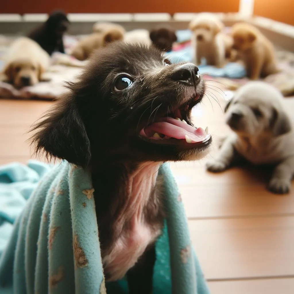 a group of puppies laying on top of a wooden floor