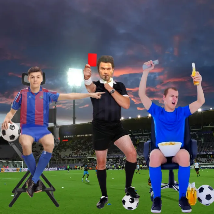 a group of people sitting on top of a field,The referee shows a red card to the player in the blue shirt, while the player in the striped shirt points his finger at him. The player in the blue shirt has a bun full of 0alomites and a soda in his hand.