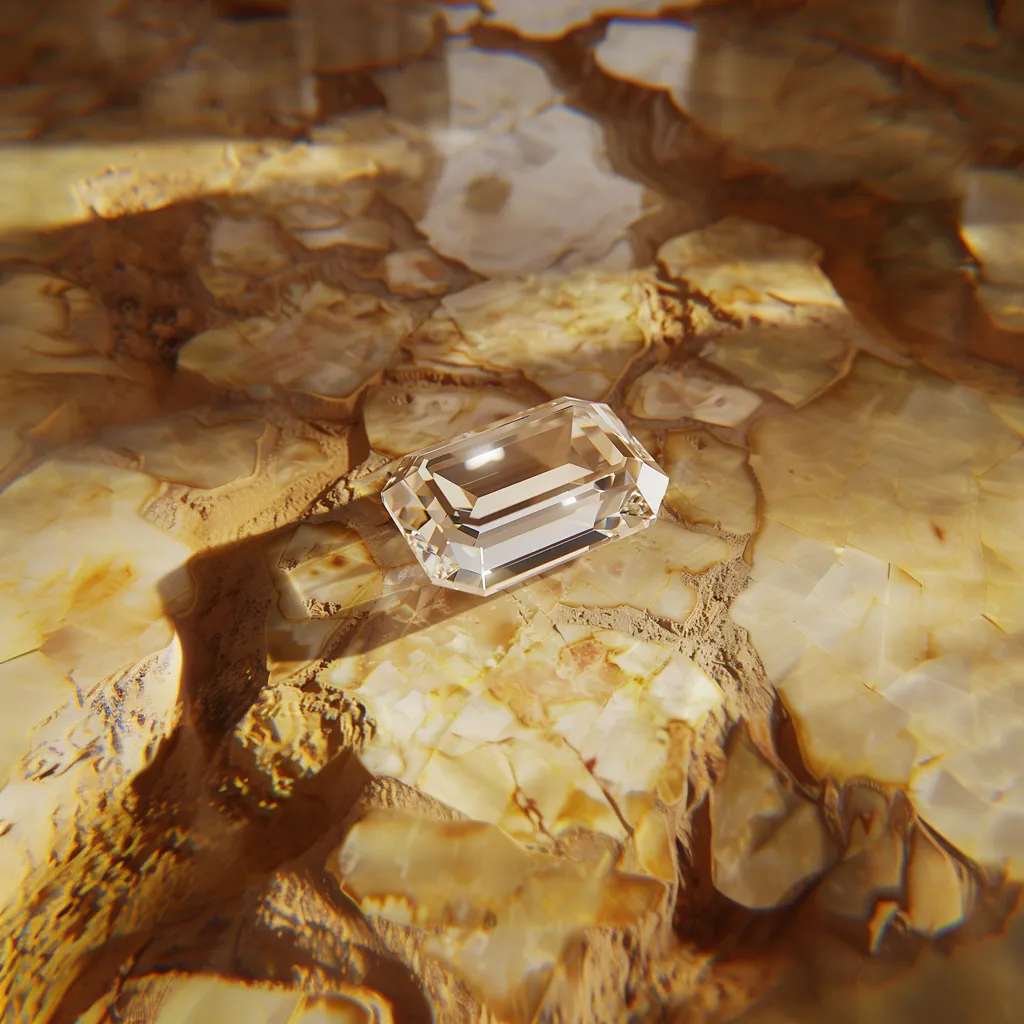 a princess cut sparkling diamond sitting on top of a rock