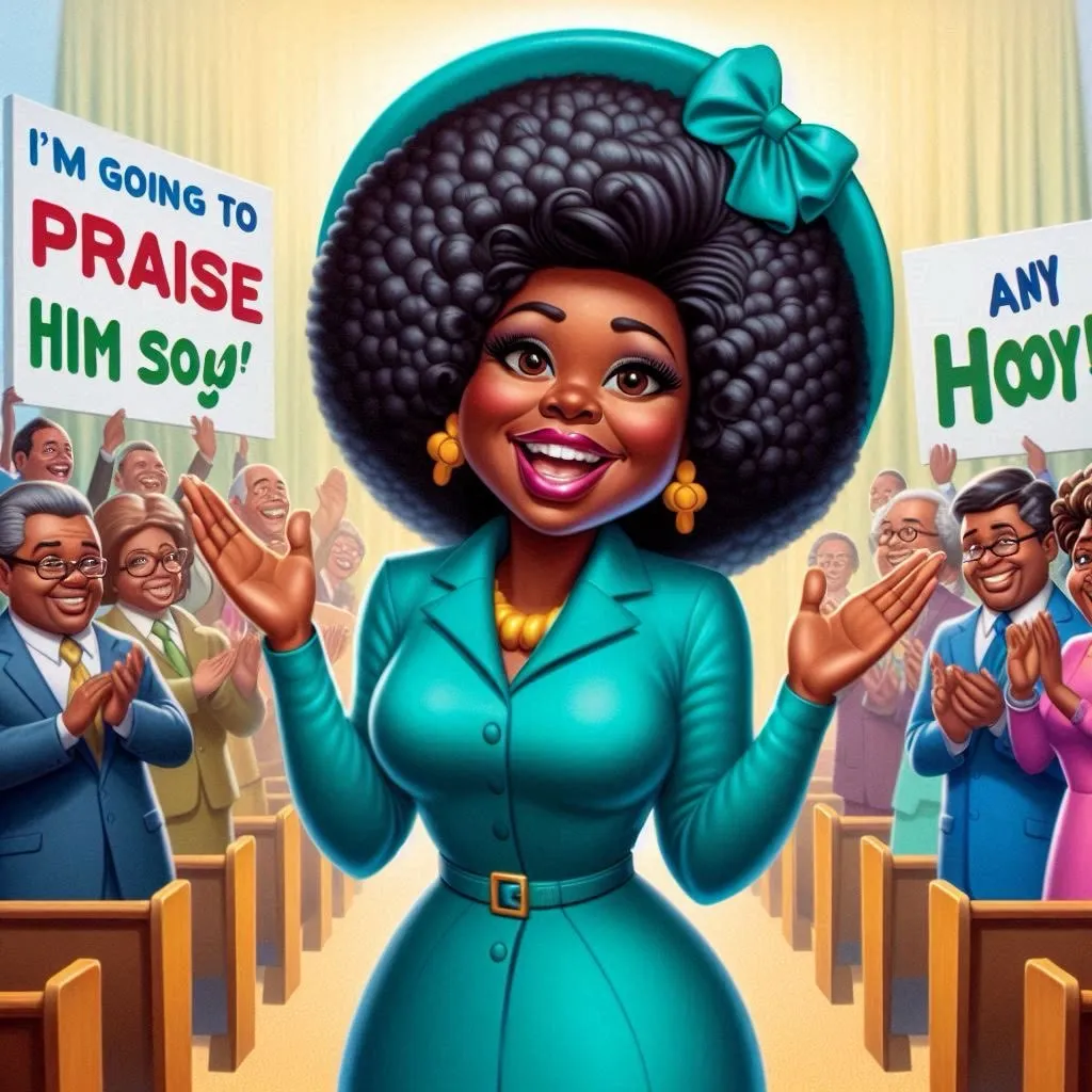 A fun caricature of an African-American woman around 30 years old. She is wearing a vibrant red church outfit with a matching red hat, both adorned with colorful jewels. She is dancing with excitement, kicking her legs up in the air, praising the Lord, and holding a fan in her hand. In the background, an African-American congregation is laughing, clapping, and standing with excitement. A large sign in the foreground clearly and fully reads 'I’m going to praise Him until the sun goes down,' ensuring that the text is fully visible and not smudged, capturing the joyous and celebratory mood in the church., advertising style