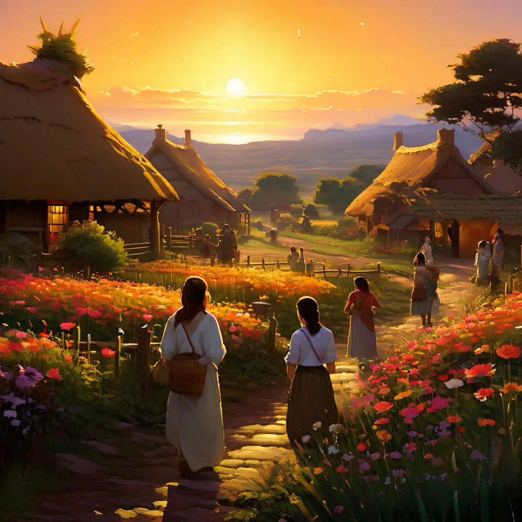 a painting of two women walking down a path