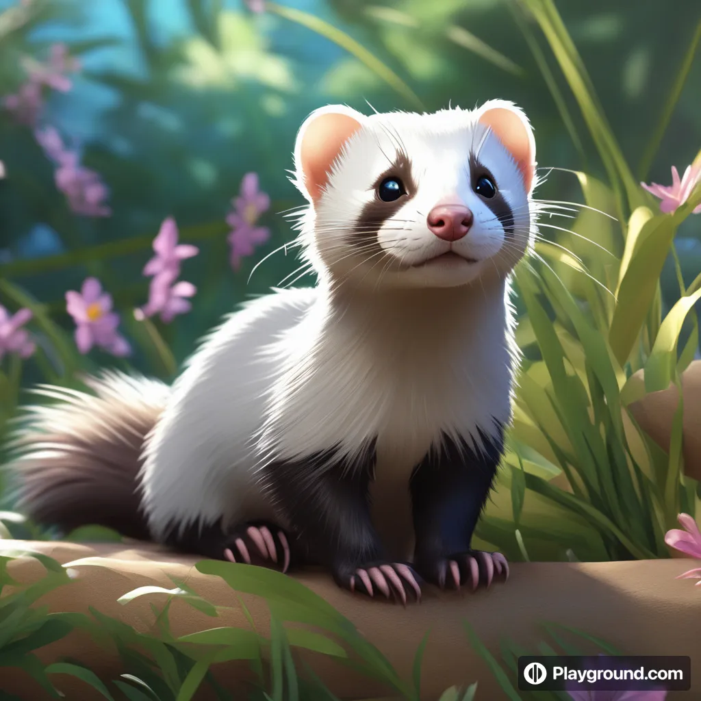 a painting of a ferret sitting in a field of flowers