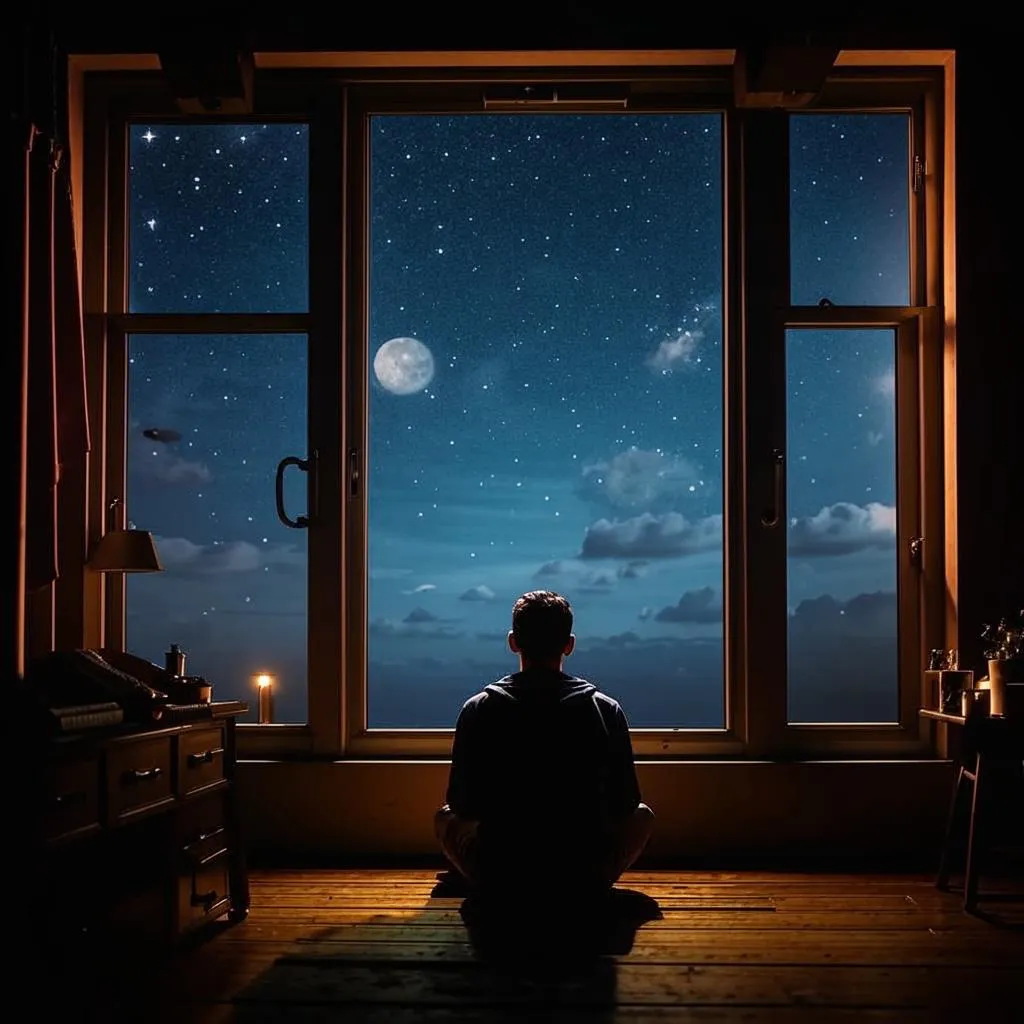 a person sitting in front of a window at night