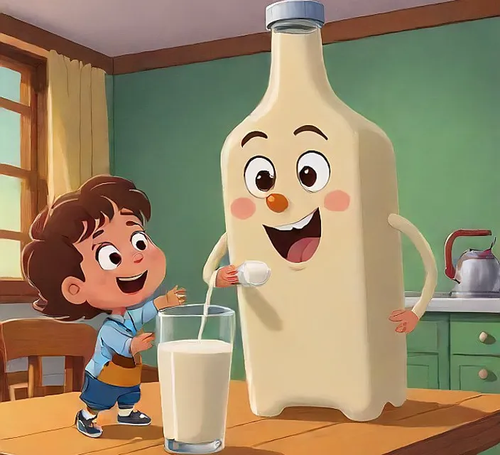 a young boy standing next to a large bottle of milk