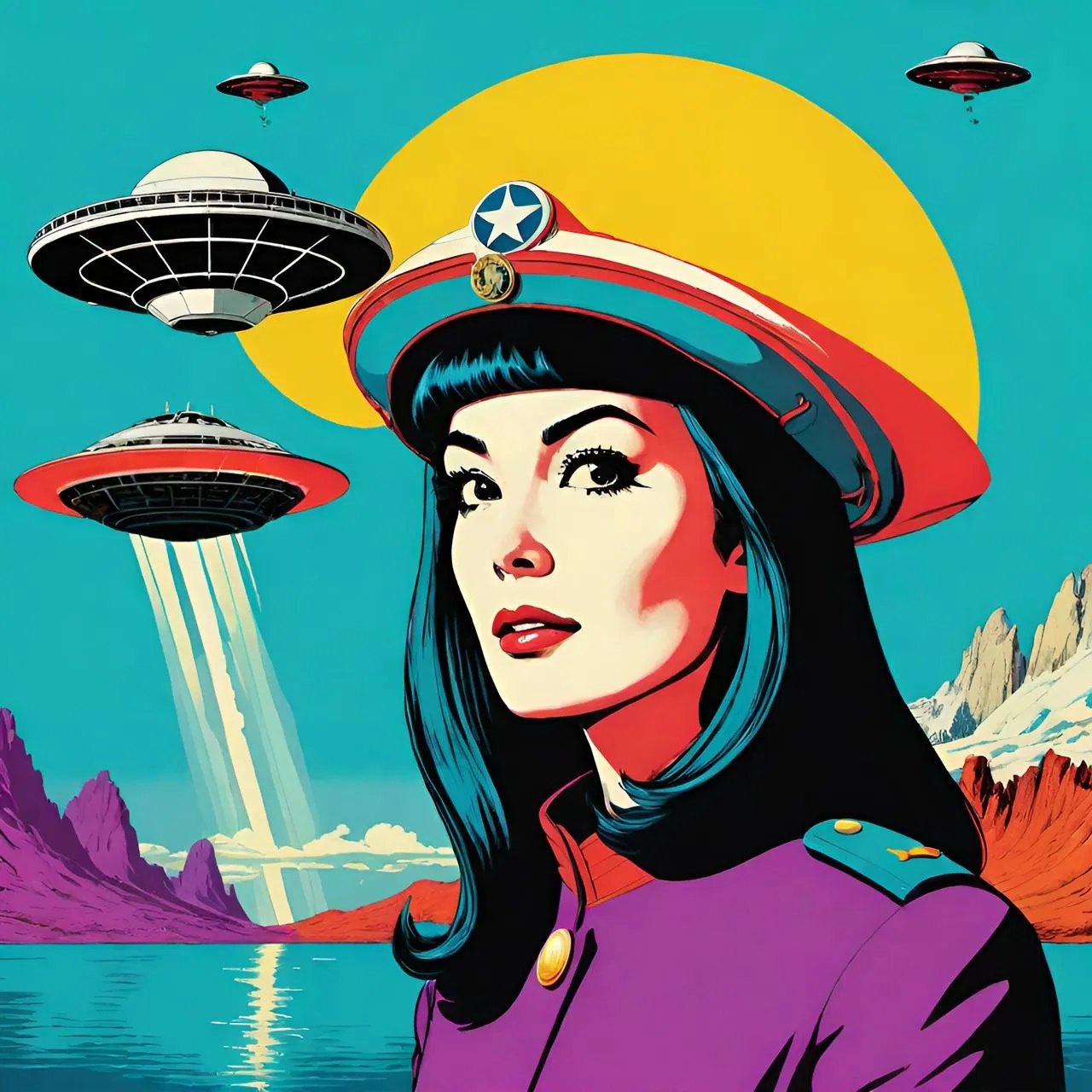 a painting of a woman wearing a hat with a spaceship in the background