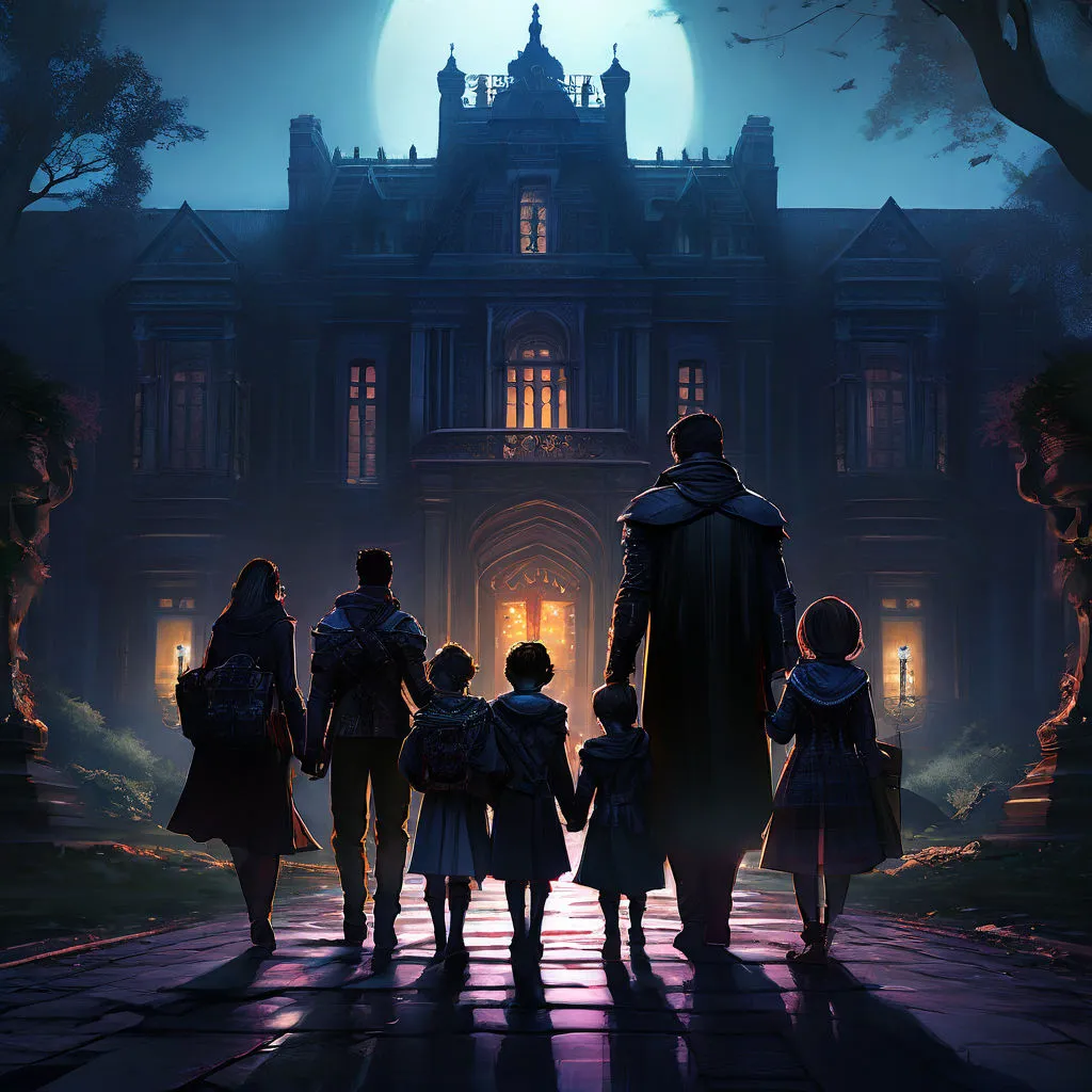 The Johnson family rushing out of their home in the dead of night, carrying only a few essentials, with the dark, ominous house in the background.
