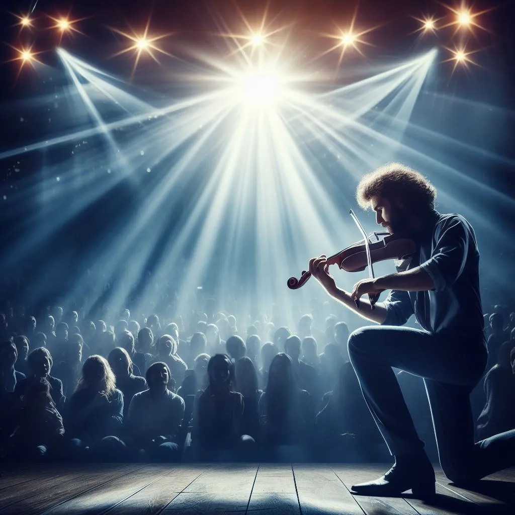 a man playing violin in front of a crowd of people