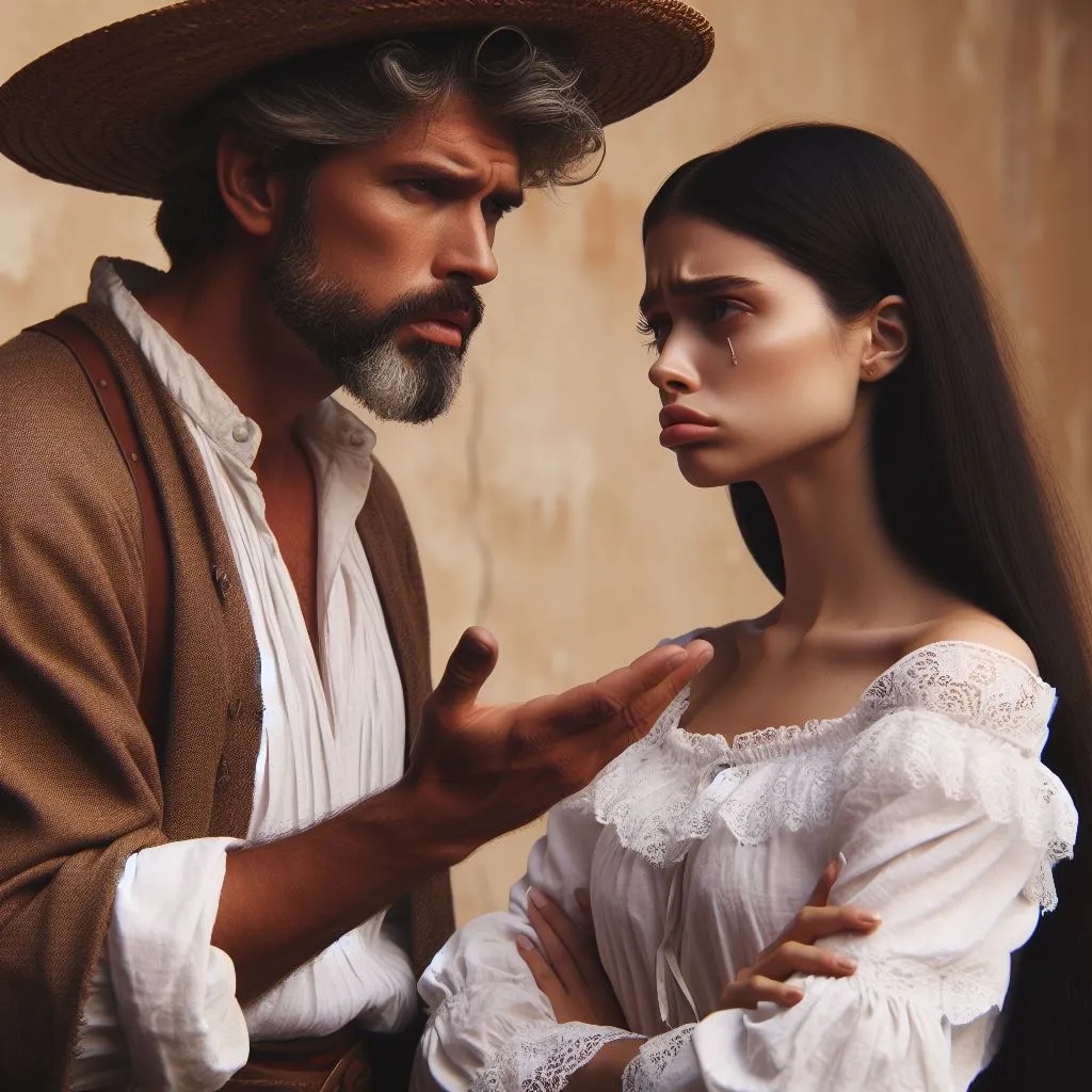 a old handsome Spanish man speaking to crying woman