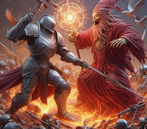 a painting of two knights fighting with each other