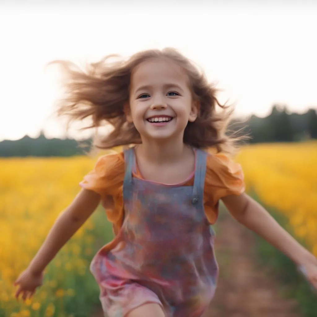 a little girl running through a field of yellow flowers