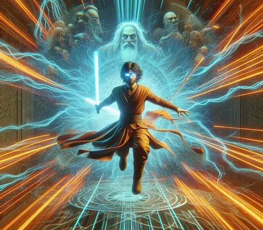 a painting of a man with a light saber in his hand