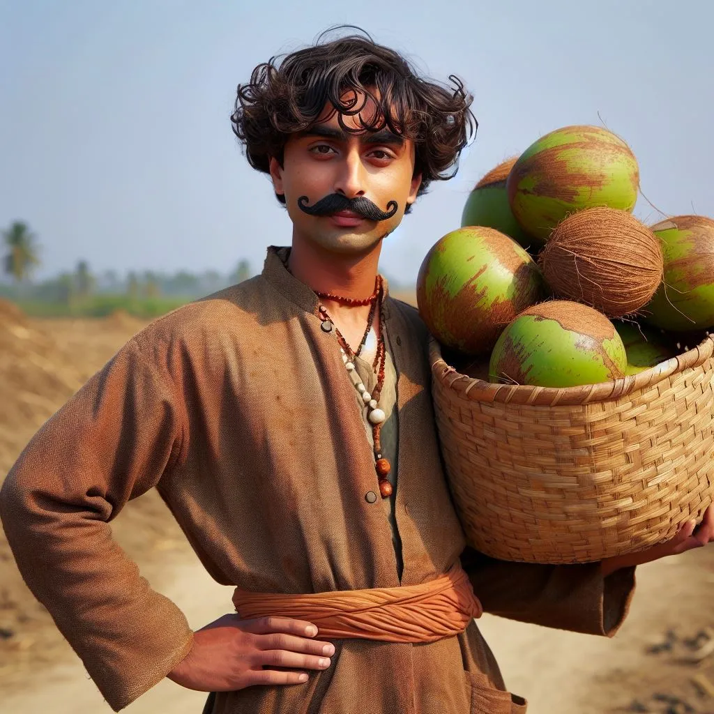 a man with a moustache holding a basket of coconuts