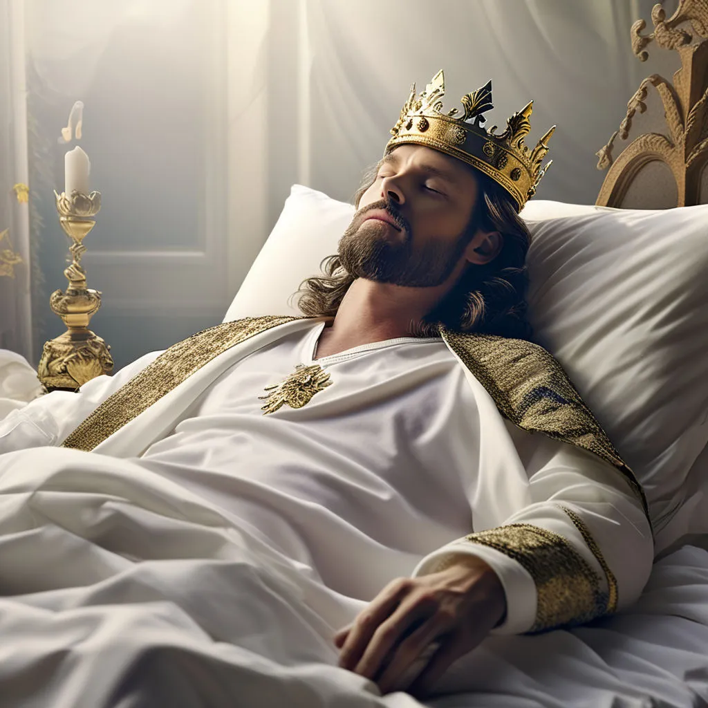 a man laying in bed wearing a crown